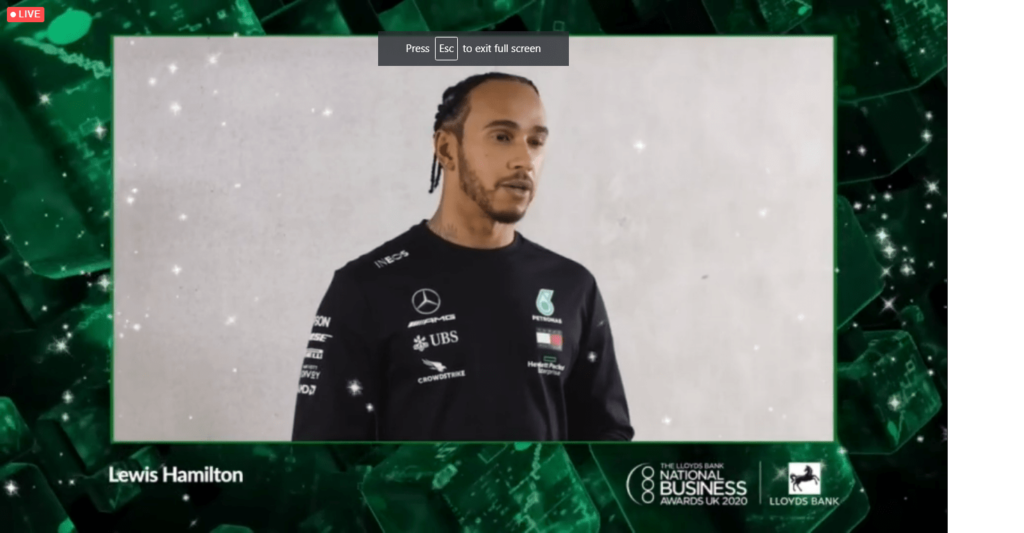 Lewis Hamilton MBE, The Lloyds Bank National Business Awards, Pivot for Purpose Award, iNews, Virtual Ceremonies