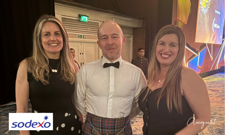 Lisa Wren and Donna O'Toole from August pose for a photo with Domenico D'Ambruoso from Sodexo Growth Academy (middle) at the 2025 Learning Awards Ceremony at the Grosvenor House Hotel, London.